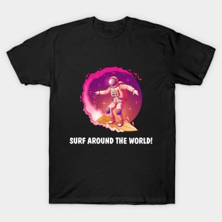 Astronaut in spacesuit standing on surfboard and surfing in milky way stars T-Shirt